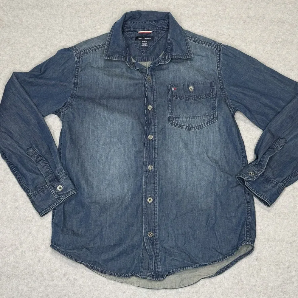 Tommy Hilfiger Boys M 12-14 Denim Button Up‎ Shirt Medium Blue Chambray